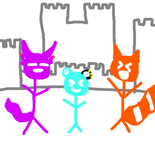 Bearrelroll's tweet photo. I did my best to illustrate Fang, @MikomicaVT, and myself playing Enshrouded at the castle I built today! We will be live over on the purple site in a little over 5 minutes! https://t.co/gPwc86hd93