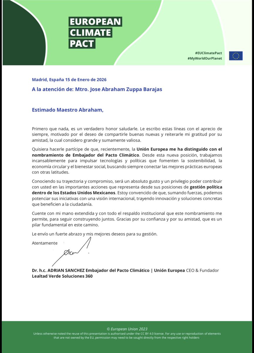 AbrahamZuppa's tweet photo. 📍Hoy ha sido un día muy importante, ya que he recibido esta invitación de mi amigo Embajador del Pacto Climático en la Unión Europea 🇪🇺🤝
📍Seguiré aportando mi granito de arena para fomentar la sostenibilidad, impulsar la economía circular y el bienestar social 🇲🇽🍀📈 https://t.co/HfwwRoOSxL