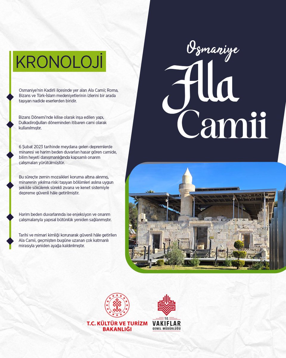 Tarihi katmanlarıyla öne çıkan Ala Camii, depremde hasar gören bölümlerinin aslına uygun onarımıyla geleceğe taşındı.

@tckulturturizm @hatayvakiflar #VakıfEserleri