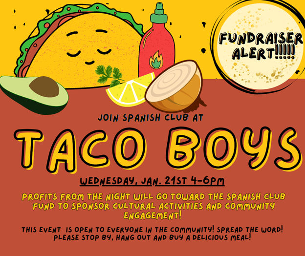 RiverviewSD_'s tweet image. ⏰ Happening TOMORROW! 🌮
Support the Spanish Club at Taco Boys
📅 Wed., Jan. 21 | ⏰ 4–6 PM
Eat tacos. Support students. Win-win.

Open to the community—see you there! 🌮✨
