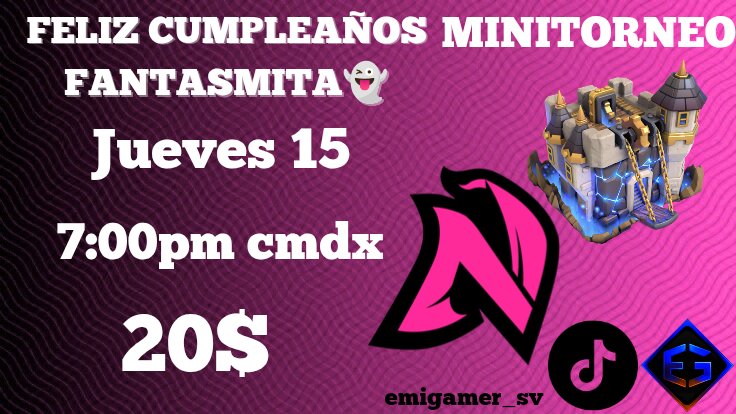Jueves!!!😍
Estamos de fiesta 🥳🥳🥳🥳 
Festejando a un grande la comunidad!!!🔥🇸🇻
✅Modo Esports 
✅1vrs1
✅50 jugadores 😱
✅Invitados especiales 
20$ al campeón 🏆
Y muchas sorpresas en el chat🥳

Están todos invitados!!!♥️

📺twitch.tv/emigamer_sv
📺tiktok.com/@emirodriguez0…