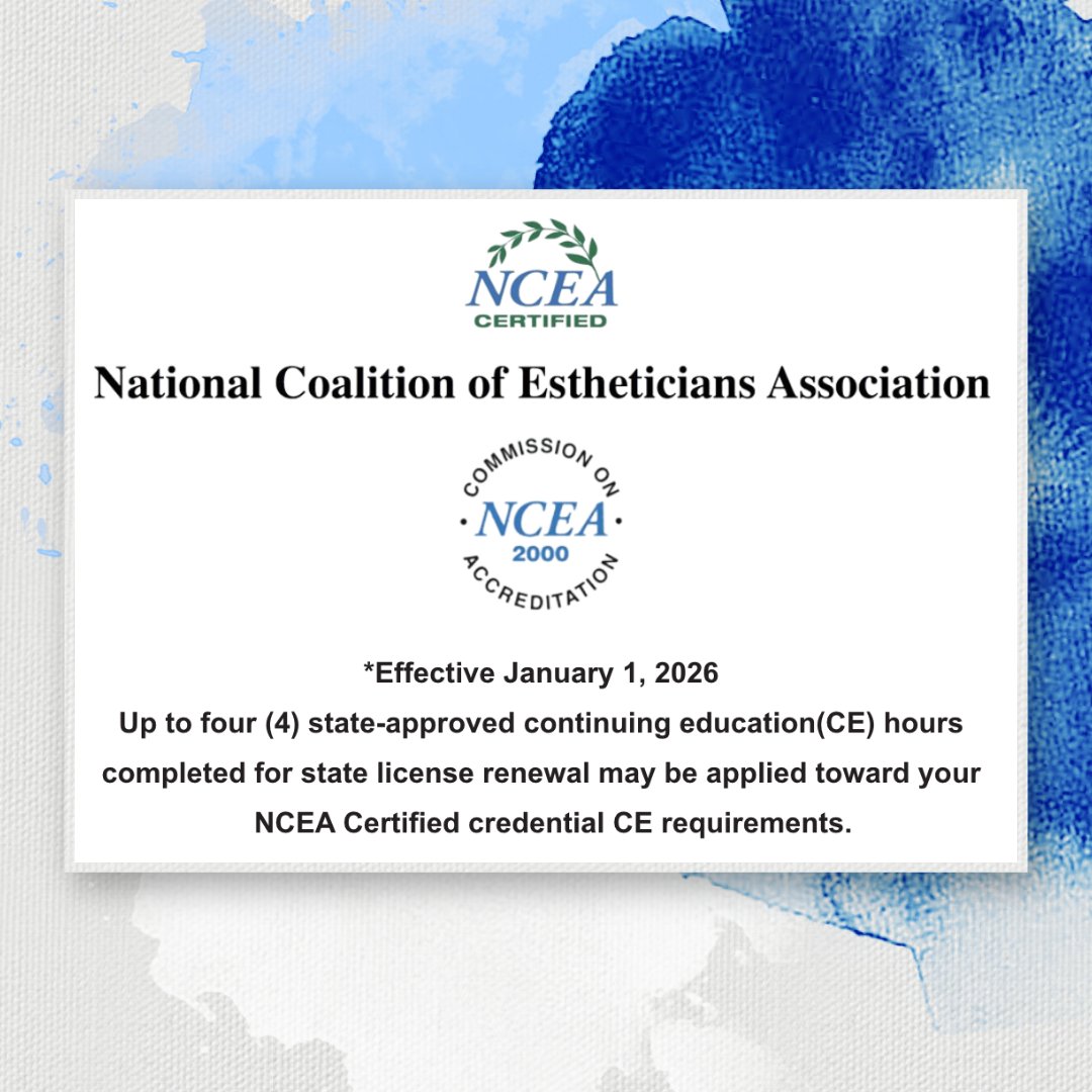 NCEACertified's tweet image. We Heard You! NEW Continuing Education CE)Flexibility to maintain your National Esthetician Certification–NCEA Certified credential. Keeping up with your esthetician education just got easier. 💫 #NCEACertified #esthetician #COA-Approved.#ContinuingEducation #EstheticianLicensing