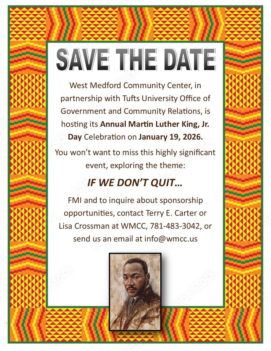 TuftsCommunity's tweet photo. This coming Monday, January 19, join the West Medford Community Center celebrating the legacy of Martin Luther King, Jr. on @TuftsUniversity's Medford/Somerville campus. 

All community members welcome to attend. RSVP encouraged: https://t.co/wX3XInUqt5 https://t.co/xu65MH0cAS