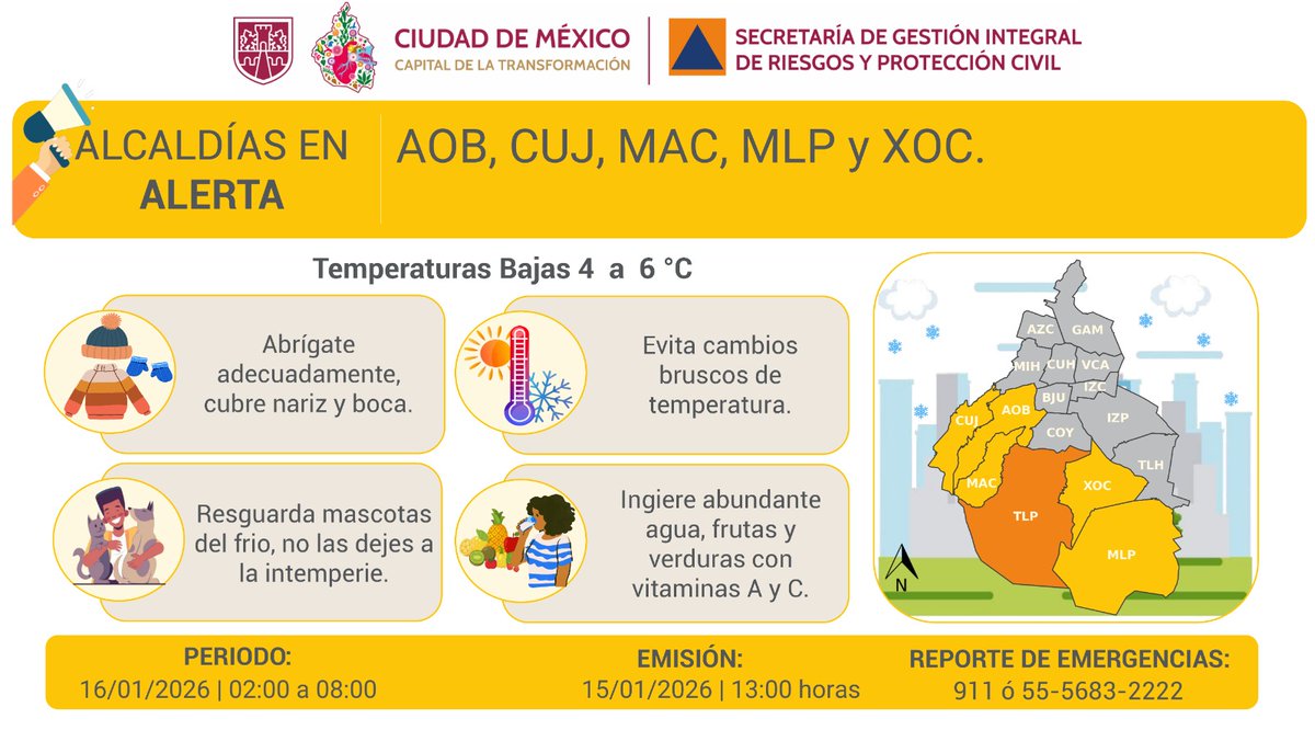 ⚠️ Se activa #AlertaAmarilla por pronóstico de temperaturas bajas para la madrugada y mañana del viernes 16/01/2026, en las demarcaciones: <a href="/AlcaldiaAO/">Alcaldía Álvaro Obregón</a>, <a href="/cuajimalpa_gob/">Alcaldía Cuajimalpa</a>, <a href="/ALaMagdalenaC/">Alcaldía La Magdalena Contreras</a>, <a href="/AlcMilpaAlta/">Alcaldía Milpa Alta</a> y <a href="/XochimilcoAl/">Alcaldía Xochimilco</a>.

#PronósticoDelTiempo #LaPrevenciónEsNuestraFuerza