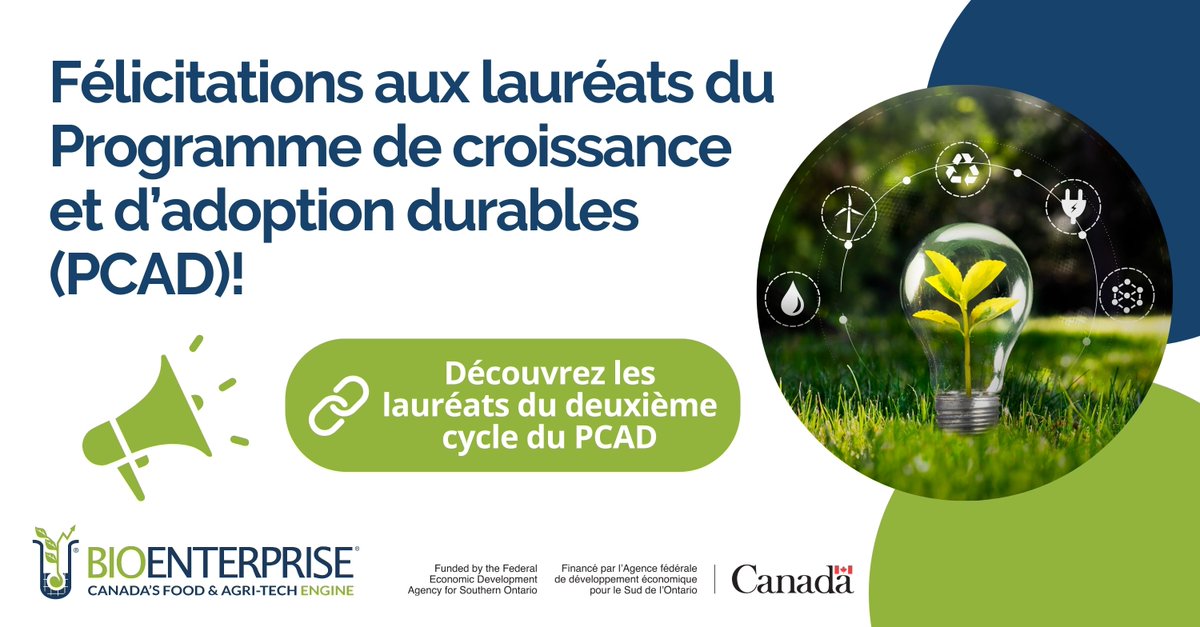 BioenterpriseCA's tweet photo. Nous sommes heureux d’annoncer les lauréats du deuxième cycle du Programme de croissance et d’adoption durables 🏆✨ Nos bénéficiaires : https://t.co/9LSP4o7Oid
Le #PCAD soutient des projets de croissance durable menés grâce à du financement offert par le #GC par l’intermédiaire de @FedDevOntario.