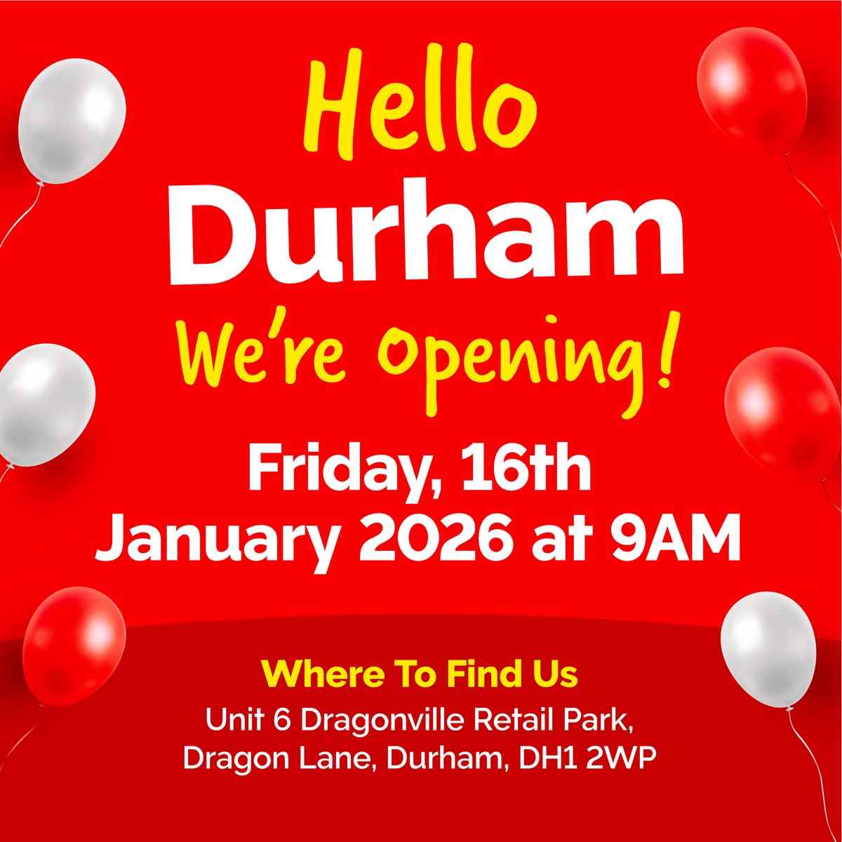 Poundstretcher1's tweet image. Durham — it’s happening! 🎉

Our NEW store opens tomorrow at 9am on the Dragonville Retail Park!
🎁 Goody bags for the first 100 customers
✨ Plus loads of extra giveaways throughout the day

Come and check us out!

#newstore #excitingtimes #poundstretcher