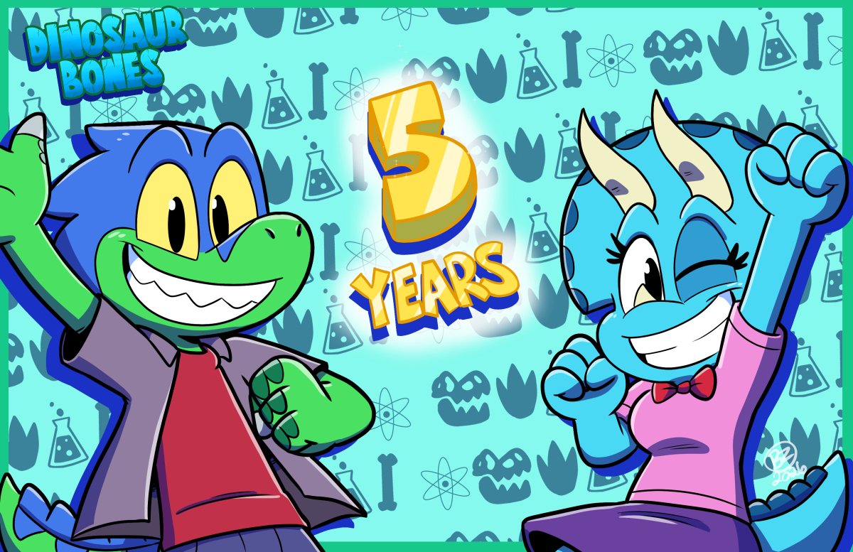 Today marks the 5th anniversary of my comic, "Dinosaur Bones"! Even  after all this time I still can't get tired of drawing these guys. 🦖 Thank you all so much for the continued support and enjoying my goofy  comics! 💙