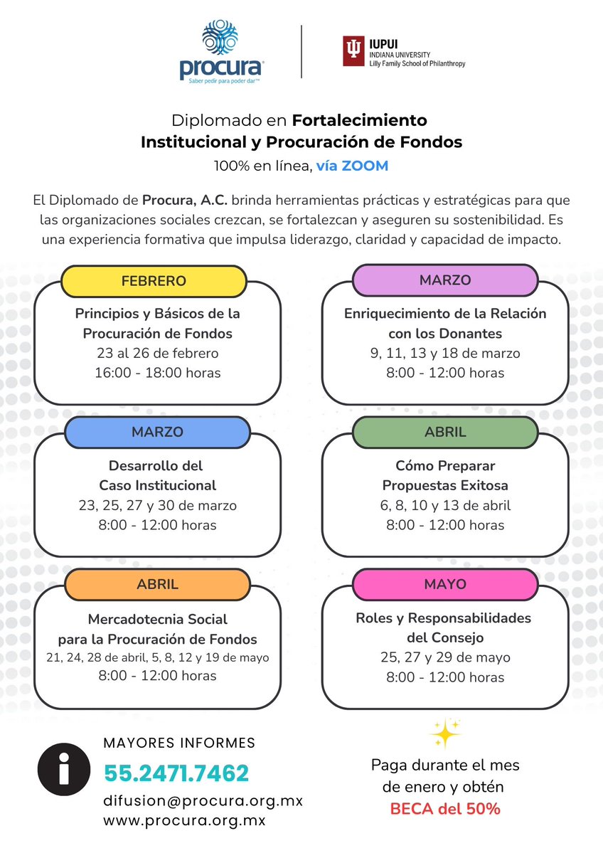 𝐍𝐔𝐄𝐕𝐎 𝐂𝐈𝐂𝐋𝐎!!!
El 𝐃𝐢𝐩𝐥𝐨𝐦𝐚𝐝𝐨 𝐞𝐧 𝐅𝐨𝐫𝐭𝐚𝐥𝐞𝐜𝐢𝐦𝐢𝐞𝐧𝐭𝐨 𝐈𝐧𝐬𝐭𝐢𝐭𝐮𝐜𝐢𝐨𝐧𝐚𝐥 𝐲 𝐏𝐫𝐨𝐜𝐮𝐫𝐚𝐜𝐢𝐨́𝐧 𝐝𝐞 𝐅𝐨𝐧𝐝𝐨𝐬 de Procura, A.C. 
55.2417.7462| difusion@procura.org.mx