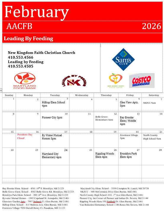 Please take a look at the February calendar for food giveaways from Leading by Feeding.