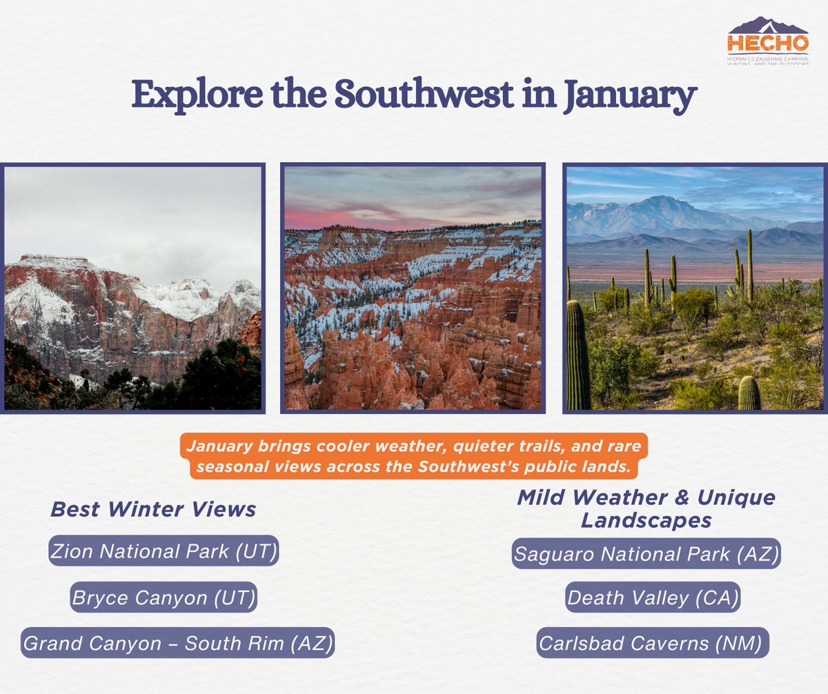 January is the perfect chance to explore the Southwest’s winter landscapes.

From Zion and Bryce Canyon to Saguaro, Death Valley and the Grand Canyon, this season brings out the best in these iconic parks. 🌵 ❄️

#nature #outdoors #getoutside #PublicLands
