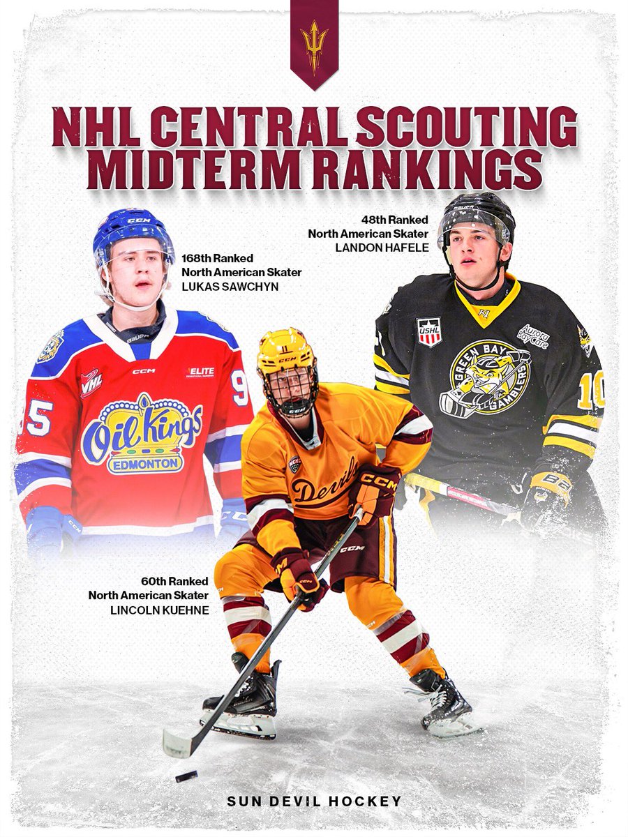 SunDevilHockey's tweet photo. Three Sun Devils appear in the latest @NHL Central Scouting Midterm Rankings 😈 https://t.co/mCRgI3birL