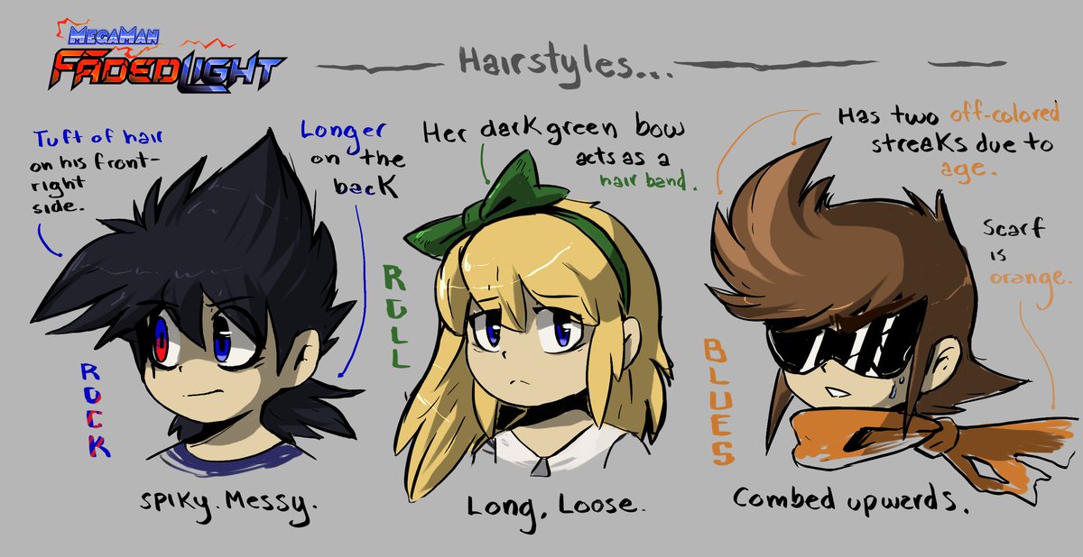 FadedLightAU's tweet image. Hairstyles...
[And a few notes~]
#fadedlight #megaman #roll #protoman