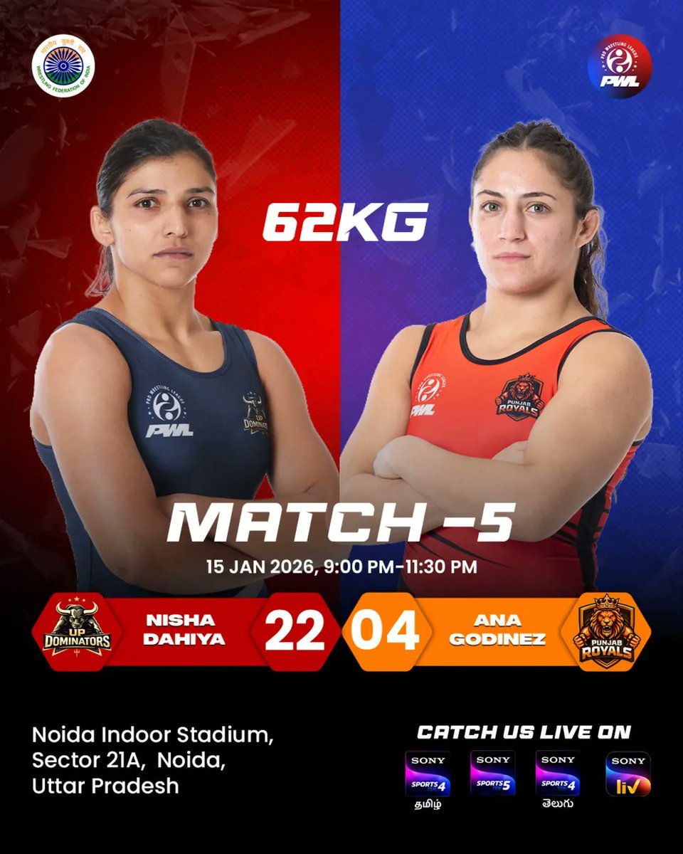 pwl_india's tweet photo. Two warriors. One weight class. Zero mercy! ๐คผโโ๏ธ๐ฅ Nisha vs Ana | 62 KG showdown!
#PWL2026 #ProWrestlingLeague #62KG #Match5 #WrestlingAction #trending https://t.co/8kTuMKRCZg