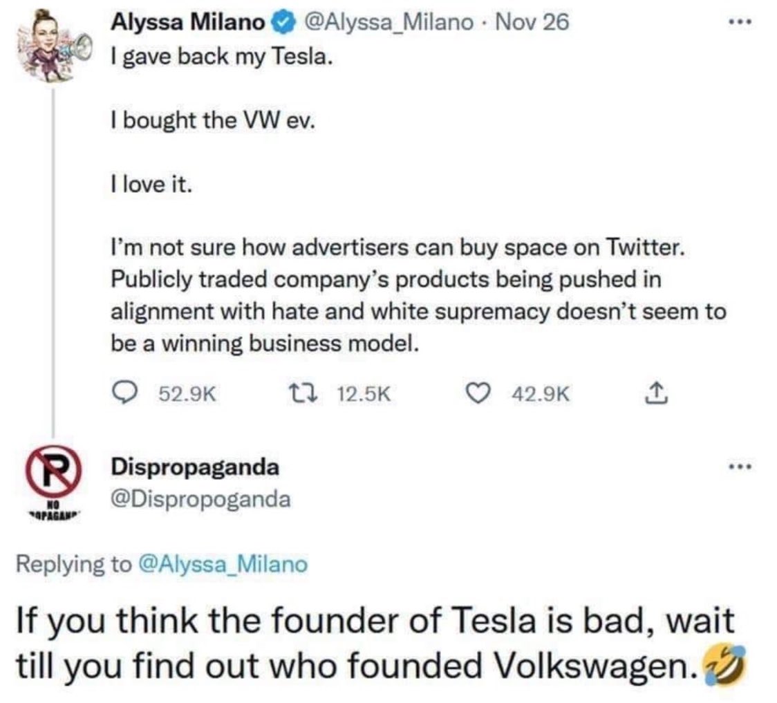 iAnonPatriot's tweet image. Never forget when this liberal white woman announced that she traded in her Tesla for a Volkswagen, because she didn’t want to support Nazl’s.   

Lol