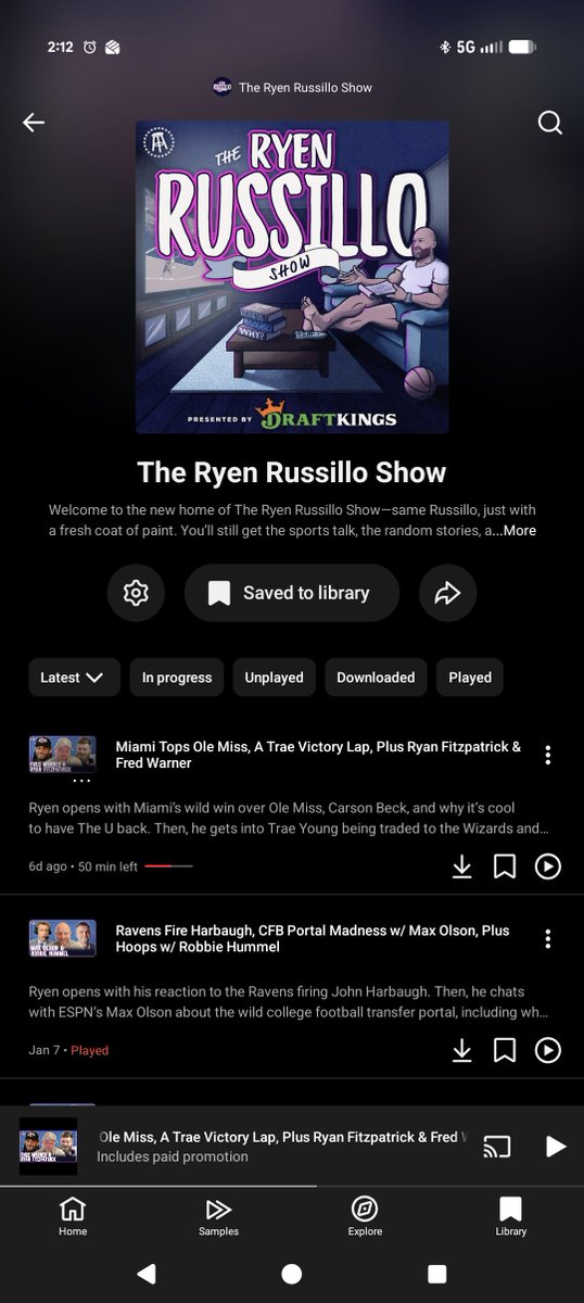 chaboy116's tweet photo. @Ceruti any idea why the 2 latest episodes aren't showing up in the YouTube Music feed? Also, yes, I'm probably the only one using YT Music. But I am. And I wanna listen to Russillo. Lol https://t.co/w59QQh8o38