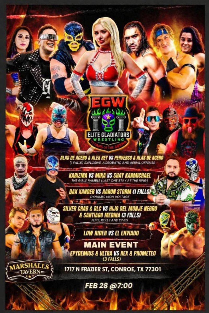 Just right around the corner don’t miss it!
📍 Jan 24 – Will Entertainment presents Cold Blood in Alton, TX
📍 Feb 1 – Texas Wrestling Entertainment in Harlingen, TX at the Elks Lodge Feb 15 Weslaco, TX at the Elks Lodge
📍 Feb 28 – Elite Gladiator Wrestling in Conroe, TX