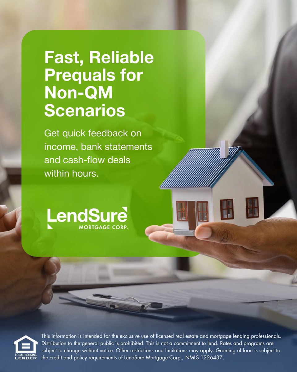 lendsure's tweet image. Fast, reliable Non QM prequals: quick income review, bank statement and cash flow friendly, feedback within hours. Set expectations early, keep files moving, get more borrowers to yes. 

Learn more 👉 vist.ly/4mx26

#NonQM #MortgagePros