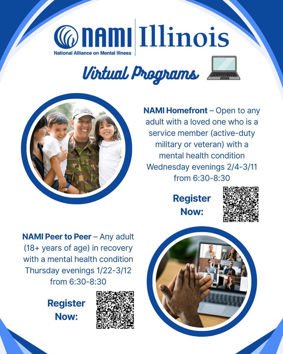 DupageNami's tweet photo. ✨ NAMI Illinois is offering NAMI Homefront &amp; NAMI Peer-to-Peer virtually!

🗓 Homefront: Wed | 2/4–3/11 | ⏰ 6:30–8:30 PM
🔗 https://t.co/ENgeiFvgM0

🗓 Peer-to-Peer: Thu | 1/22–3/12 | ⏰ 6:30–8:30 PM
🔗 https://t.co/SHLJLBlykR https://t.co/LKaF4frei1