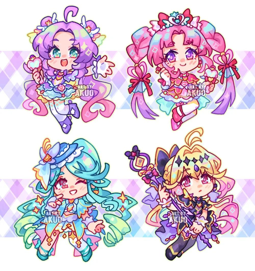 AkuoArt's tweet image. Star Detective Precure 🩷💜💙🖤chibi art set
#たんプリ #プリキュア #precure