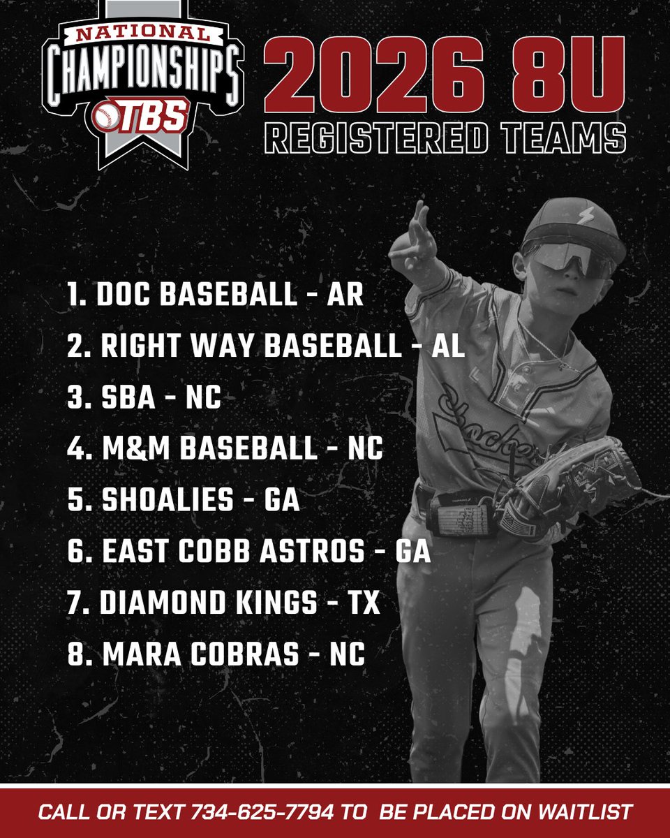 Our 8u KP division is full. One of these teams will be your 2026 TBS National Champion!

#TBS2026