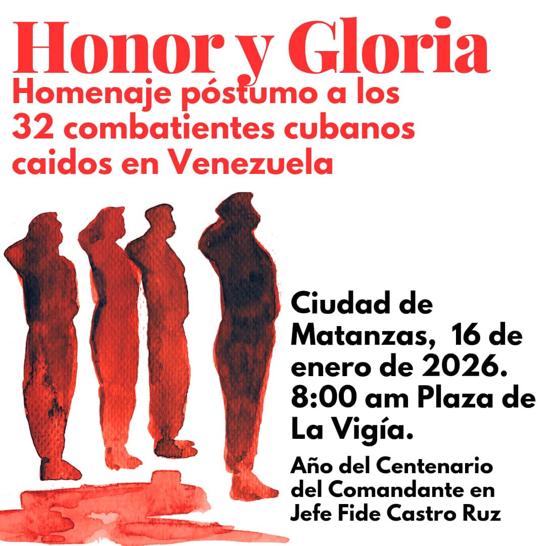 Los trabajadores de <a href="/cadeca_matanzas/">Dirección Provincial Cadeca Matanzas</a> rendirán homenaje a los 32 combatientes cubanos que perdieron su vida en la hermana República Bolivariana de Venezuela #HonorYGloria #MatancerosEnVictoria <a href="/cadeca_matanzas/">Dirección Provincial Cadeca Matanzas</a> <a href="/cadecaoficial/">CADECA Oficial</a> <a href="/GonzalezDaile/">Dailé González Acevedo</a>