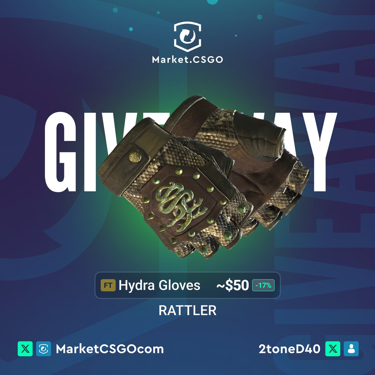 2toneD40's tweet image. 🎁  Hydra Gloves | Rattler FT 🎁

How to Enter:
1️⃣ Follow @MarketCSGOcom + @2toneD40
2️⃣ Like and Retweet this post
3️⃣ Tag at least one of your teammate under the comment section

💥 Winner will be announced on January 22nd.
⏰ Don't miss your shot at this epic skin! Good luck!