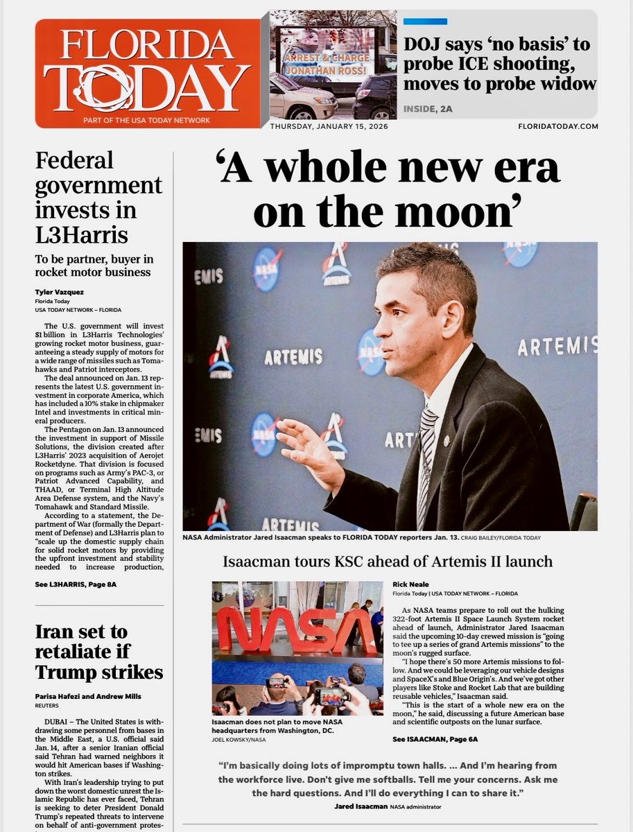 Our interview with NASA Administrator Jared Isaacman anchors today's <a href="/Florida_Today/">Florida Today</a> front page. Digital coverage includes video and photos by colleagues <a href="/cbphoto1/">Craig Bailey</a> and <a href="/brookeofstars/">Brooke Edwards</a>: tinyurl.com/yudhuyhy