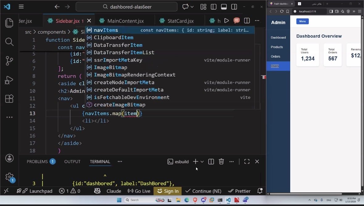 اليوم الخامس من معسكر تطوير الويب Frontend✅

اليوم تعلمنا على مفاهيم اساسية منها الـLayout في React, وكيف نبني واجهة Dashboard , وكيف ننظم المكونات والملفات👍🏻

#معسكرات_هاش_بلس
