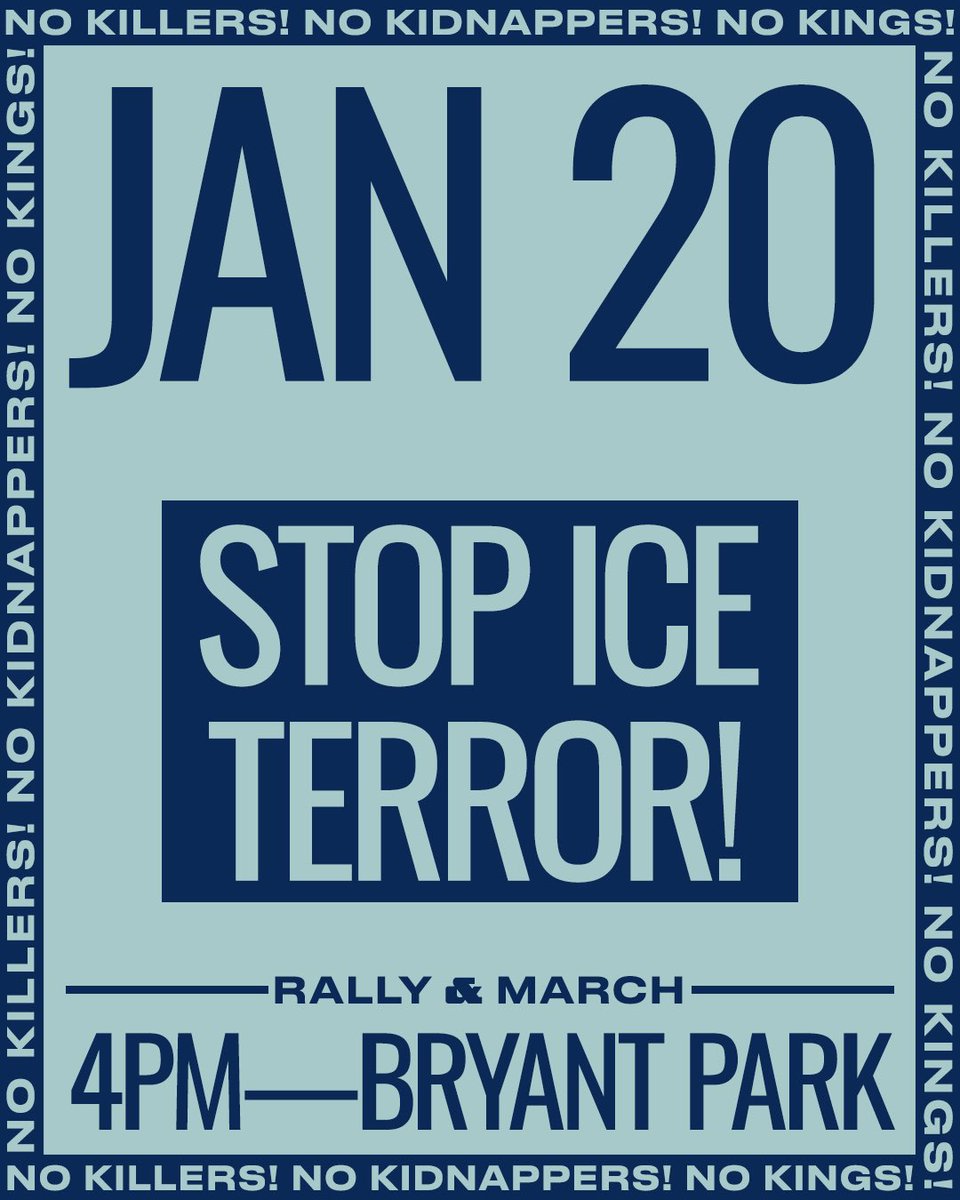 PeoplesForumNYC's tweet image. JOIN THE NATIONWIDE MOBILIZATION IN NYC — JANUARY 20 at 4PM, BRYANT PARK

January 20 marks one year since Trump’s second inauguration. People across the country will walk out of work and school to join together in opposition to the Trump administration’s racist, billionaire…