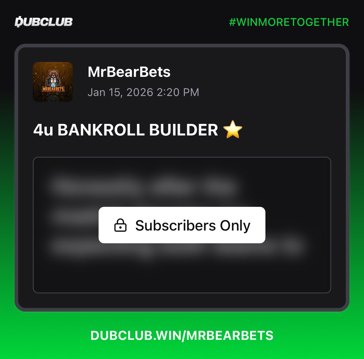 4u BANKROLL BUILDER ⭐️

Sending it FOR FREE to the first 20 people to LIKE + COMMENT + RT this tweet.. this is as a thank you and to reward those with notifications on 👊🏼

dubclub.win/MrBearBets/

GO GO GO 🔥