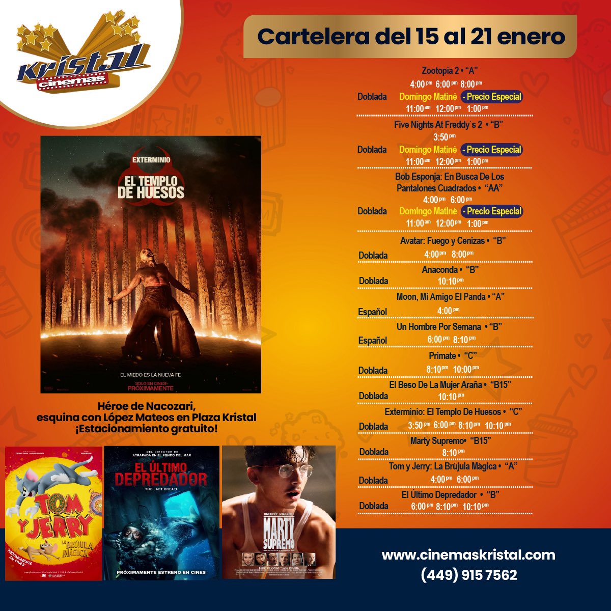 🎬✨ La cartelera ya habló… y pide cine.
Historias que te atrapan, palomitas listas y la pantalla esperando por ti 🍿
CARTELERA 15 - 21 ENERO 
 
Síguenos en redes:
👍 facebook.com/CinemasKristal
📸 instagram.com/cinemaskristal/ 
#CinemasKristal #Películas #Cine #Cartelera #Estreno