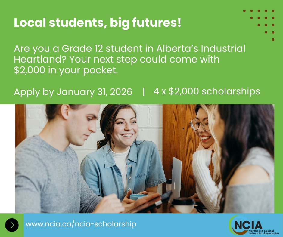 NCIA_Alberta's tweet photo. Are you a Grade 12 student in Alberta’s Industrial Heartland planning to study STEM, environmental sciences, or a trade this fall? NCIA is awarding four $2,000 scholarships to students ready to build the future of our region. https://t.co/78LL4Xa9Qp https://t.co/xePiOfmSgJ