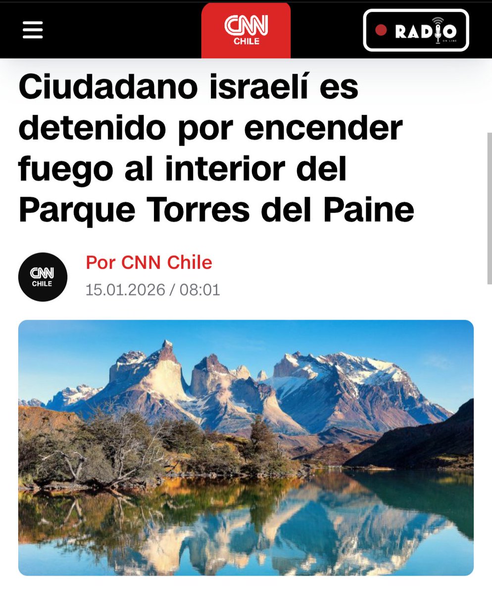 porqetendencias's tweet image. "TURISTA ISRAELÍ"

Porque esta mañana detuvieron a un turista de nacionalidad israelí prendiendo fuego en zona prohibida de la Patagonia chilena