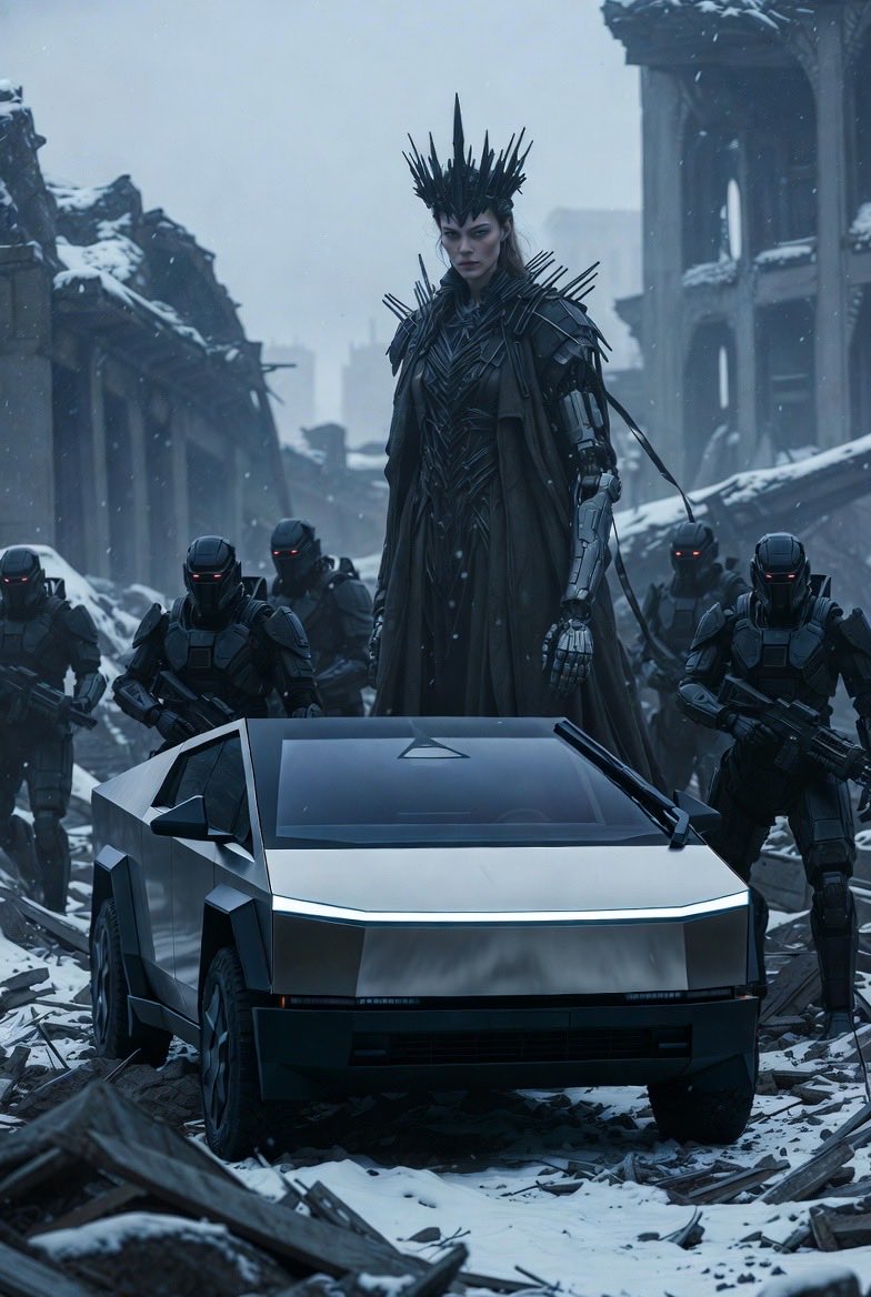 time_machine10's tweet image. The Cybertruck from the future bursts into a snow-covered Roman forum, facing an otherworldly empress in a spiked crown and her two enormous robotic centurions under a stormy sky

Made by @grok🔥
