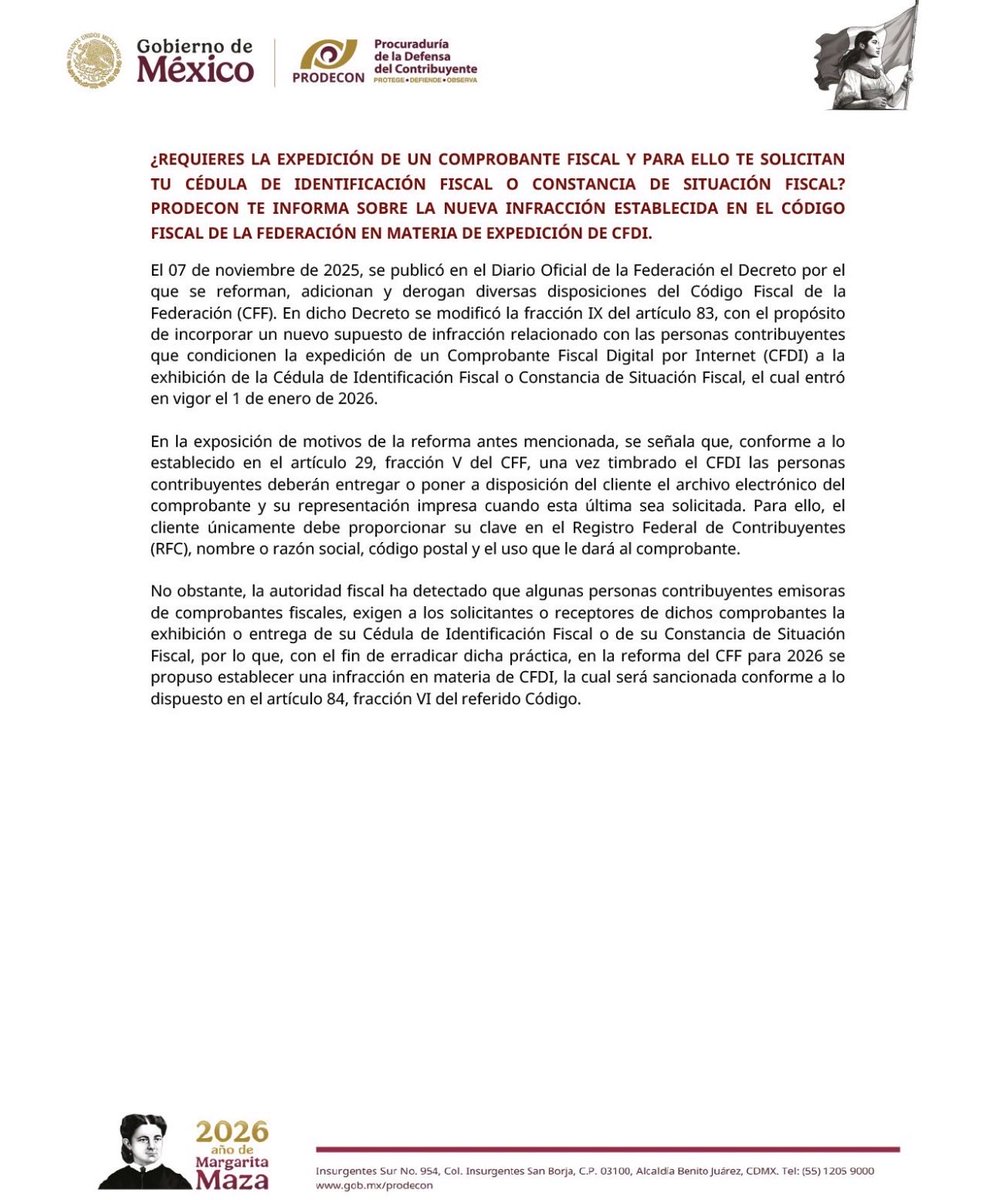 gcortesrdz's tweet image. NUEVA INFRACCIÓN EN CFDI: YA NO TE PUEDEN PEDIR TU CONSTANCIA FISCAL

🚨 Ojo contribuyentes y negocios: si para facturarte te exigen tu Cédula de Identificación Fiscal o tu Constancia de Situación Fiscal, eso ya es una infracción desde 2026.

El 7 de noviembre de 2025 se publicó…