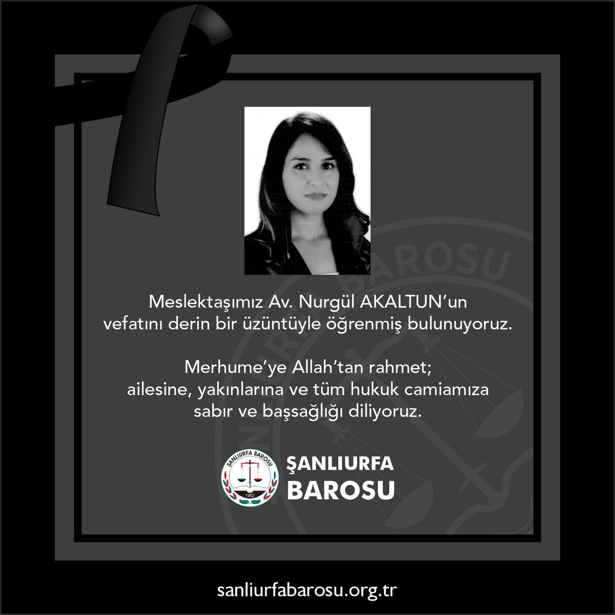 Meslektaşımız Av. Nurgül Akaltun’un vefatını derin bir üzüntüyle öğrenmiş bulunuyoruz.
Merhumeye Allah’tan rahmet; ailesine, yakınlarına ve tüm hukuk camiamıza sabır ve başsağlığı diliyoruz.