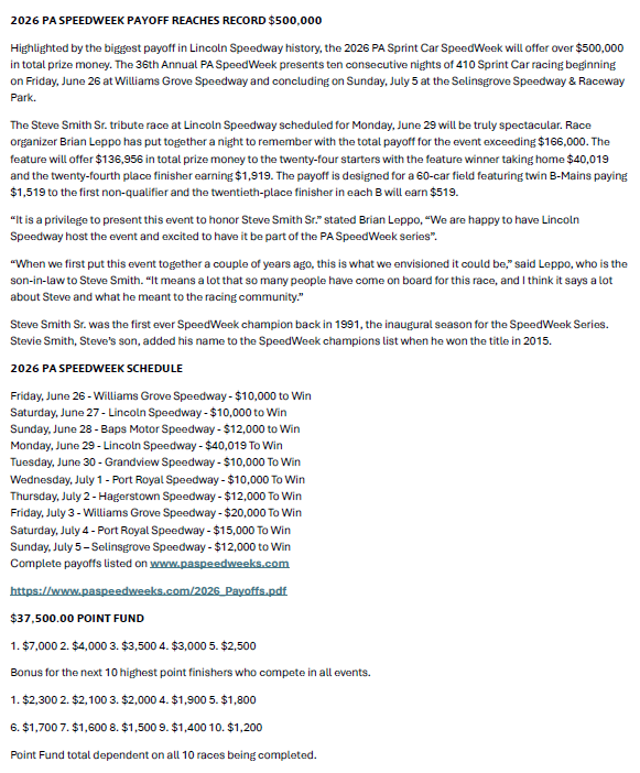 PASpeedWeek's tweet image. 𝟮𝟬𝟮𝟲 𝗣𝗔 𝗦𝗣𝗘𝗘𝗗𝗪𝗘𝗘𝗞 𝗣𝗔𝗬𝗢𝗙𝗙 𝗥𝗘𝗔𝗖𝗛𝗘𝗦 𝗥𝗘𝗖𝗢𝗥𝗗 $𝟱𝟬𝟬,𝟬𝟬𝟬
Highlighted by the biggest payoff in @lincolnspeedway  history, the 2026 SpeedWeek will offer over $500,000 in total prize money.
Complete payoffs listed on paspeedweeks.com