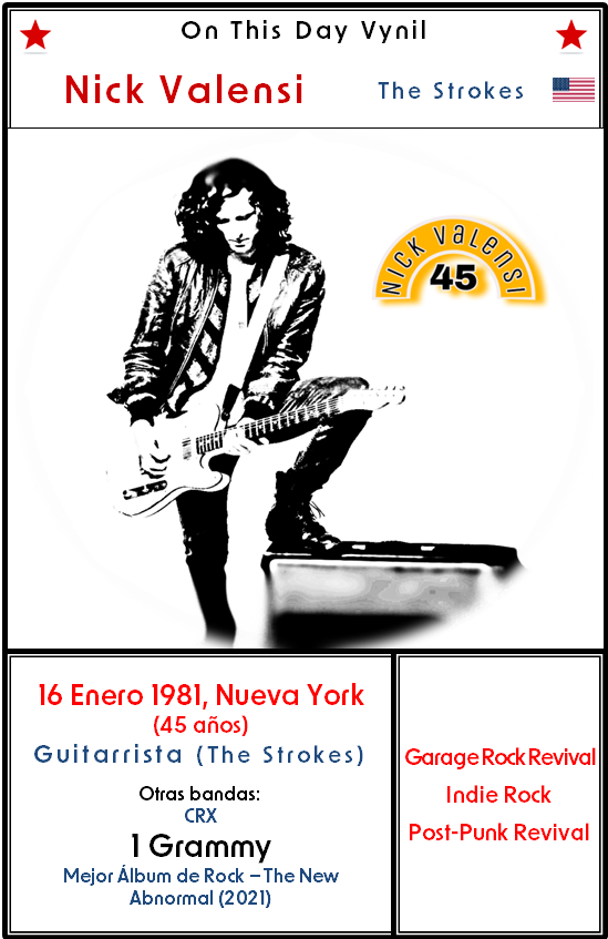 OnThisDayVinyl's tweet photo. Tal día como hoy...
nació hace 45 años #NICK_VALENSI, guitarrista del grupo americano THE STROKES.
🎵You Onlive Live Once - Live T In The Park (Balado - Escocia 9 julio 2006)
#OTDV
@thestrokes
https://t.co/eDOdZo9qCZ https://t.co/r2QYfngdYi