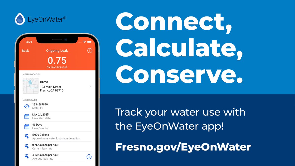 Your water, your control.💧

The EyeOnWater app tracks daily usage, alerts for leaks, and helps you identify and track water use trends➡️Fresno.gov/EyeOnWater