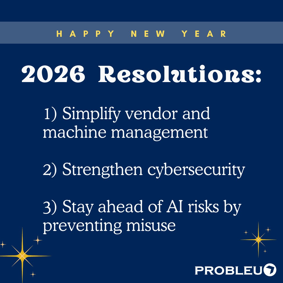 ProBleu's tweet photo. Start 2026 with resolutions you can actually keep. ProBleu helps you simplify vendor and machine management, strengthen cybersecurity, and stay ahead of AI risks, so your business runs smarter, safer, and more secure.

#ProBleu #BusinessResolutions2026 #NewYearNewNetwork https://t.co/c5XOshPvbU