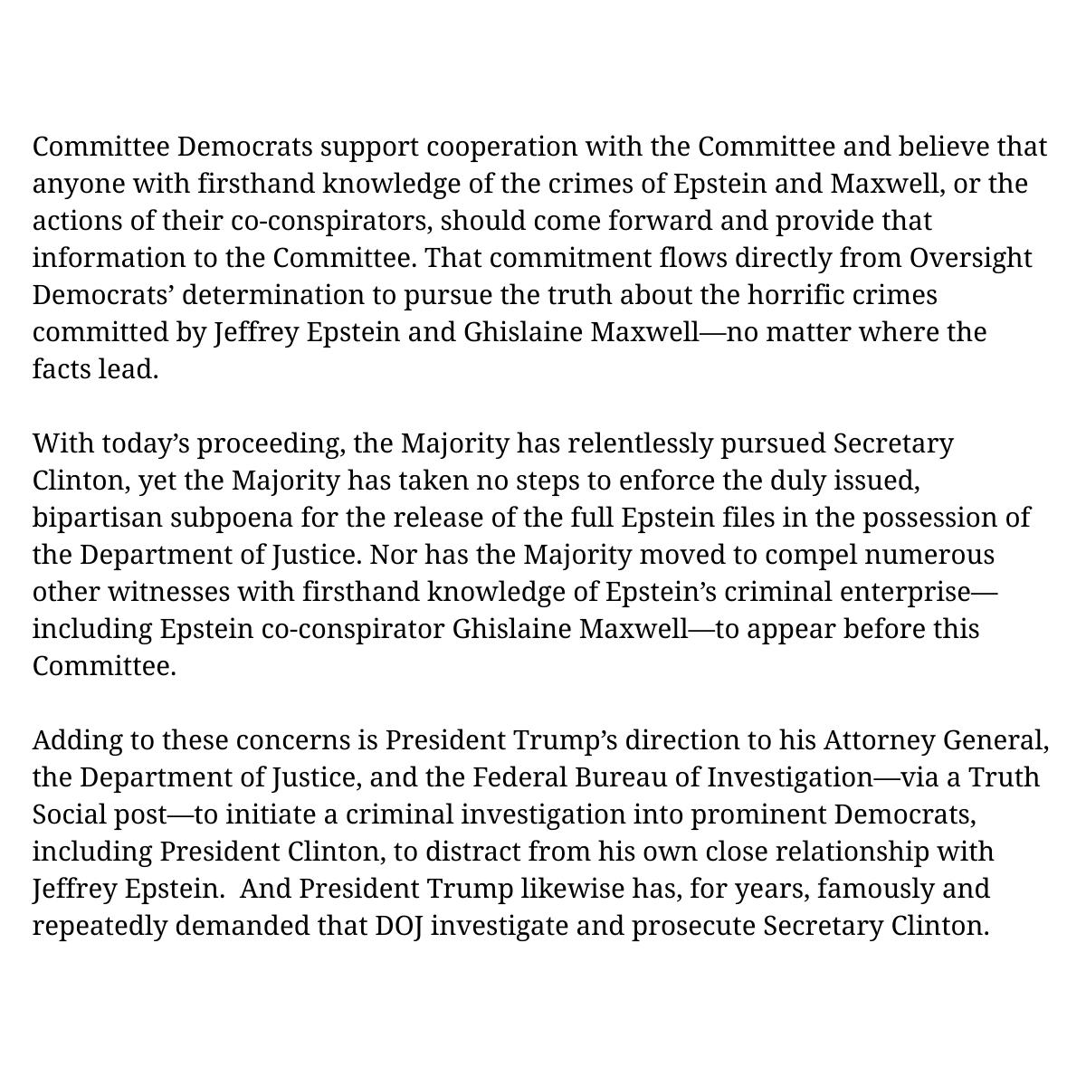 NickMerrill's tweet image. ICYMI (because James Comer doesn’t want you to see it), President and Secretary Clinton submitted sworn statements under the penalty of perjury. They were entered into the official record yesterday, with this accompanying statement from House Oversight Democrats: