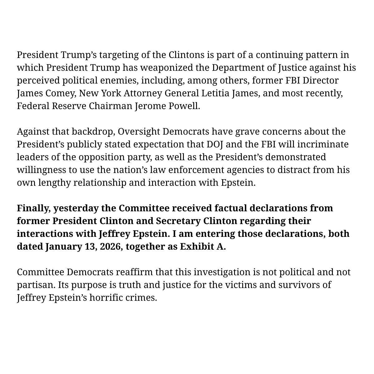 NickMerrill's tweet image. ICYMI (because James Comer doesn’t want you to see it), President and Secretary Clinton submitted sworn statements under the penalty of perjury. They were entered into the official record yesterday, with this accompanying statement from House Oversight Democrats: