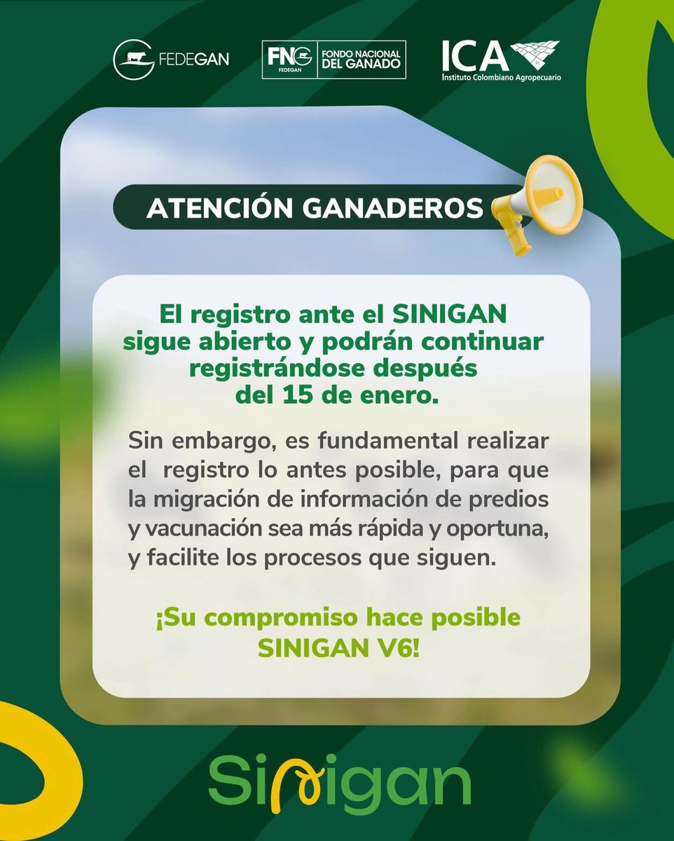 PL_Paipa's tweet image. ¡Atención ganaderos! 📢
El registro en SINIGAN V6 sigue abierto y podrás continuar después del 15 de enero.
👉 Regístrate cuanto antes para agilizar la migración de tus predios y datos de vacunación. ⏳🐄

#ConstruyendoGanadería @Fedegan @ICACOLOMBIA @jflafaurie