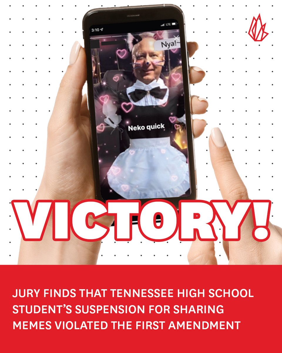 VICTORY! Two years after a Tennessee high school student sued Tullahoma City Schools for suspending him over Instagram memes lampooning his principal, a jury found that the school district’s actions violated the First Amendment.