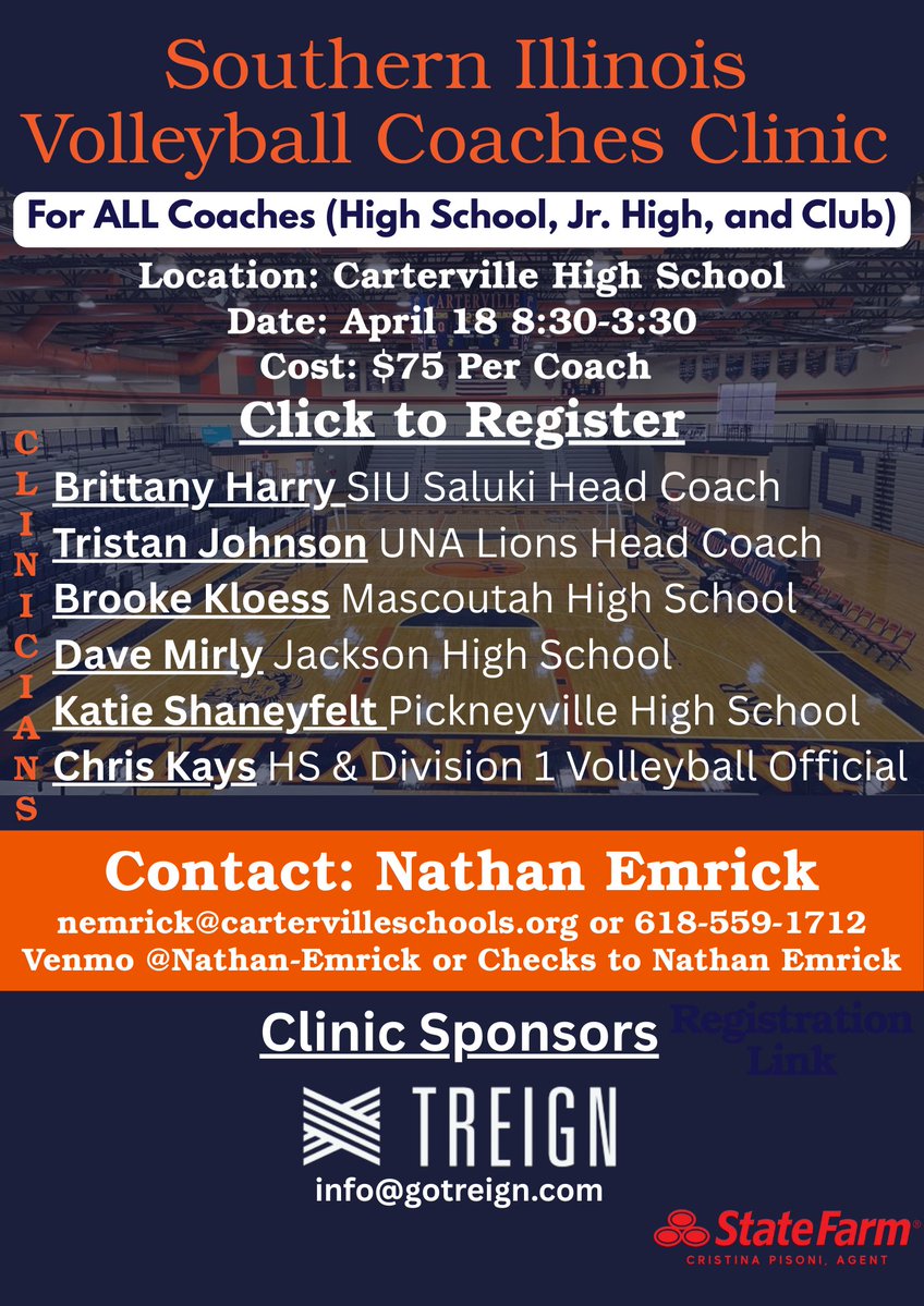 SOUTHERN ILLINOIS VOLLEYBALL COACHES CLINIC INFO:
LINK TO REGISTER: forms.gle/LqYxQg2kGYTnMQ…
Excited to provide a great experience for coaches all over the area to learn, grow, and make connections to strengthen volleyball in Southern Illinois and the surrounding area!