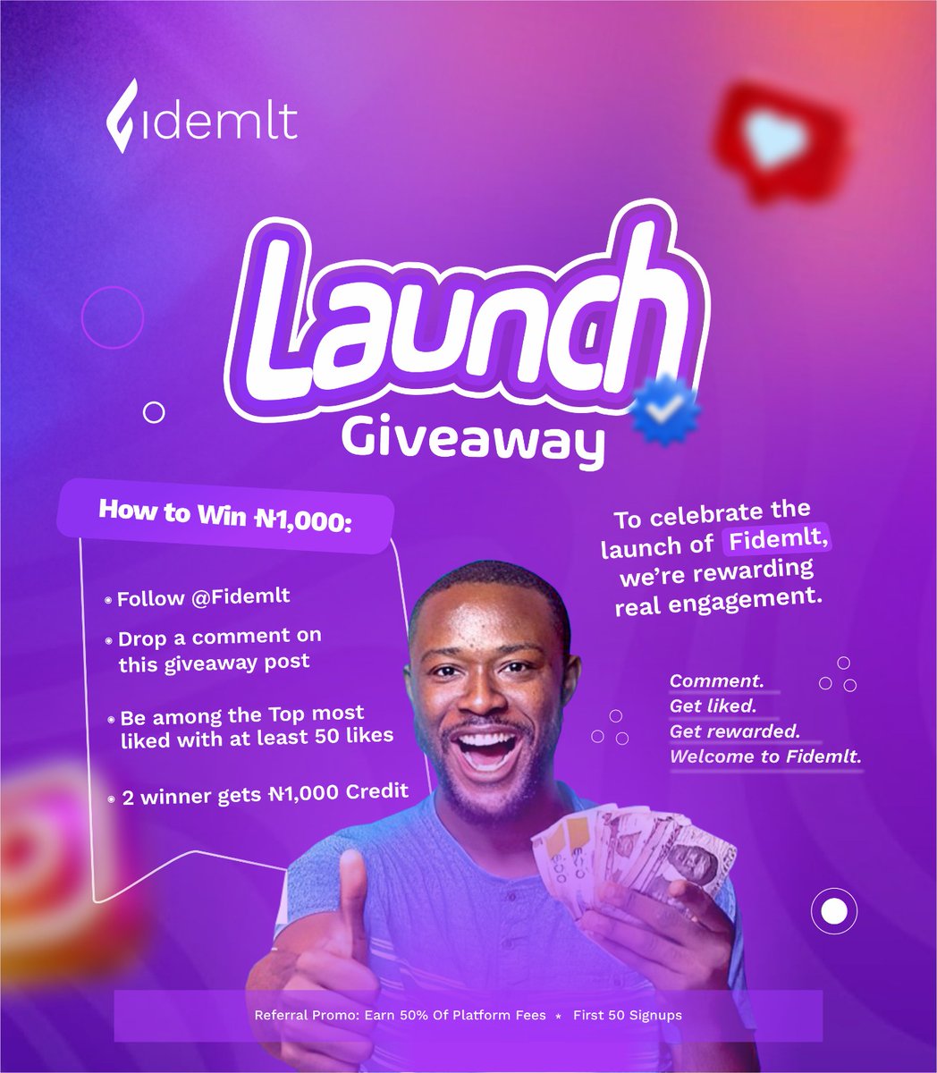 FidemIt's tweet photo. How to Win:
• Follow @FidemIt
• Drop a comment on this giveaway post
• Be among the Top most liked with at least 50 likes
• 2 winners get ₦1,000 Each

⏳ This giveaway runs for 7 days
📌 Promo applies only to official giveaway posts
📌 Winners must be following the brand https://t.co/vNn7UTTf5c