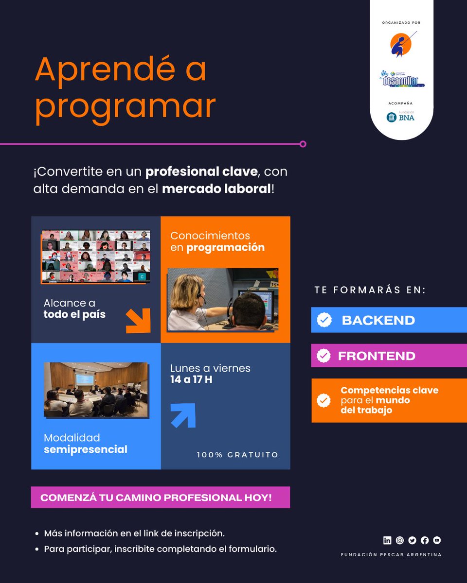 📍 Alcance en todo el país
🕒 Lunes a viernes de 14 a 17 h
🧠 Formación en Backend y Frontend
🚀 Desarrollo de competencias clave para el mundo del trabajo  #programacion  #curso  #gratis