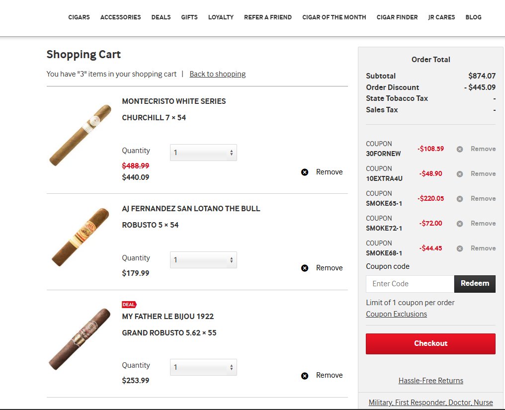 JR Cigars Promotions This Month Only - Stackable Codes
gopjn.com/t/TUJGR01KR0JH…
Avo, Camacho - 20% off (28% off MSRP) use code SMOKE70-1
My Father - 25% off (33% off MSRP) use code SMOKE68-1
Perdomo - 25% off (35% off MSRP) use code SMOKE67-1
Romeo y Julieta Reserva Real - 50% off