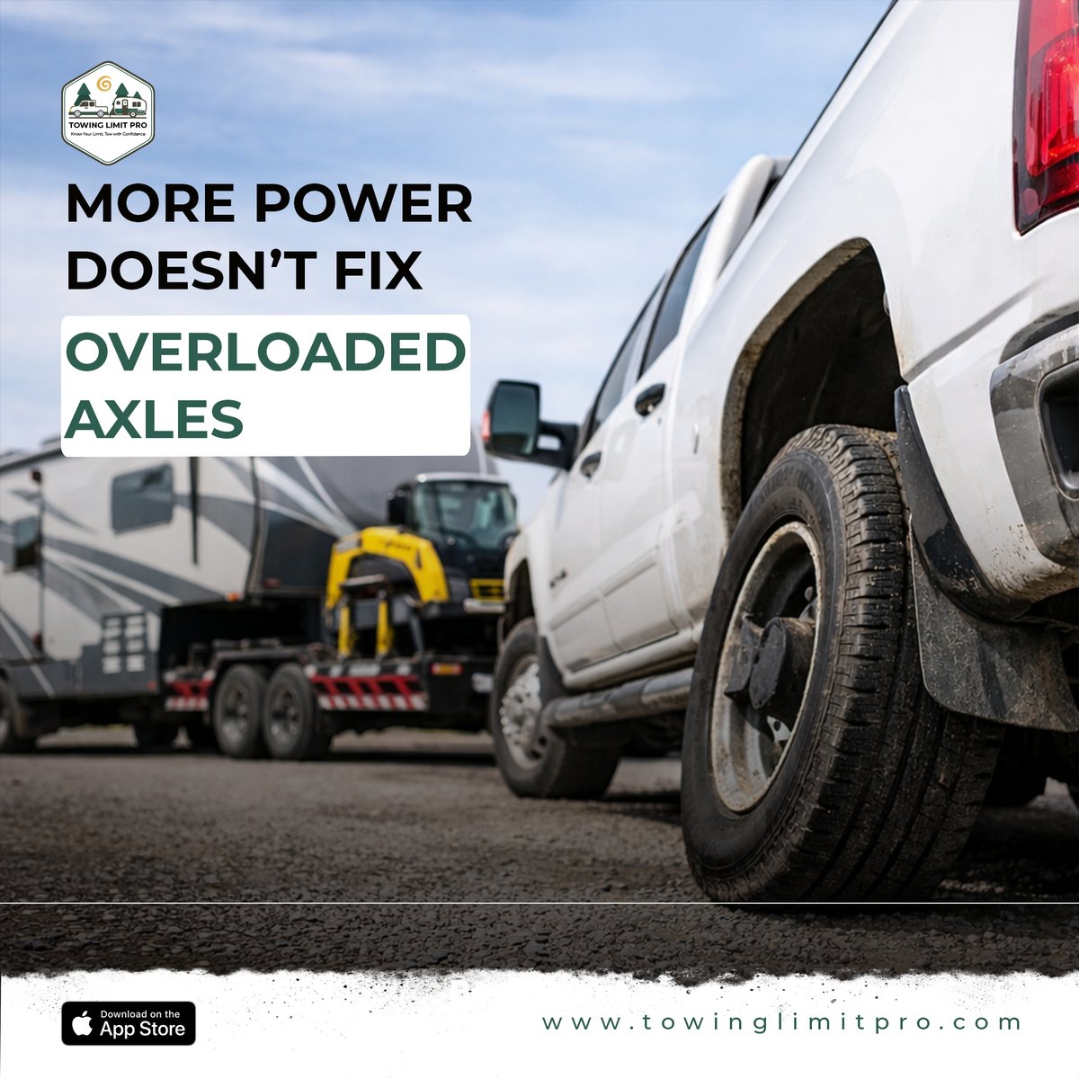TowingLimitPro's tweet image. More horsepower won’t save an overloaded truck. 🚨
Axle limits, payload, and real weights matter more than engine power.

Don’t guess your towing safety.
Know your real numbers before you hit the road. 🚚🏕️

#TowingTips #PayloadMatters #OverloadedAxles #TruckLife #TowingLimitPro