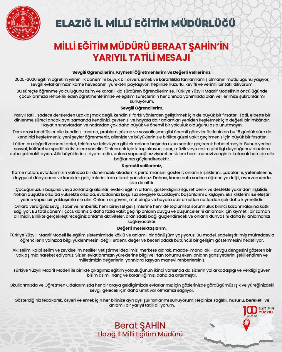 Milli Eğitim Müdürümüz Sayın Beraat ŞAHİN’in Yarıyıl Tatili Mesajı